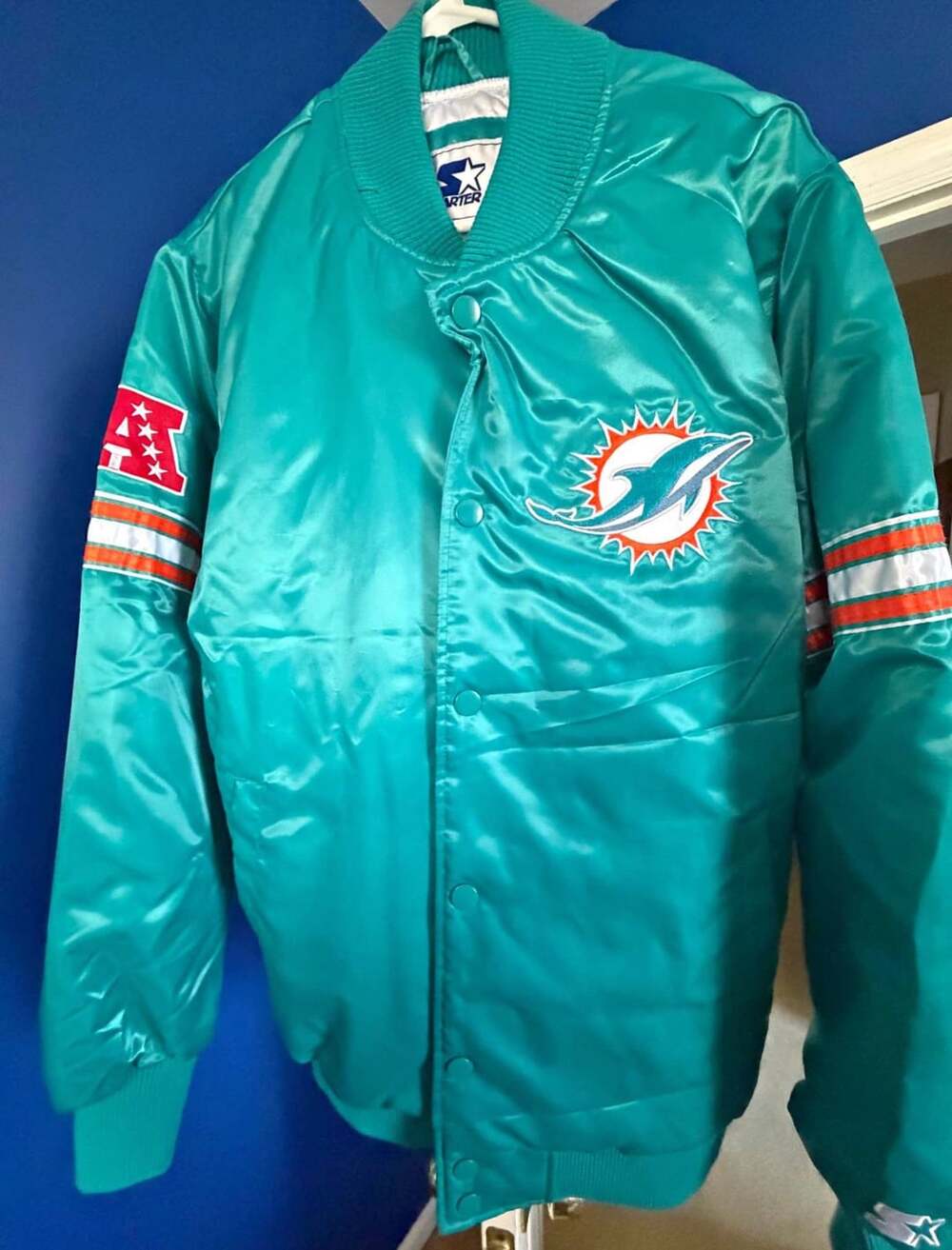 Starter NFL Miami Dolphins Aqua Satin Varsity Jacket LS200167 Men's Size Large
